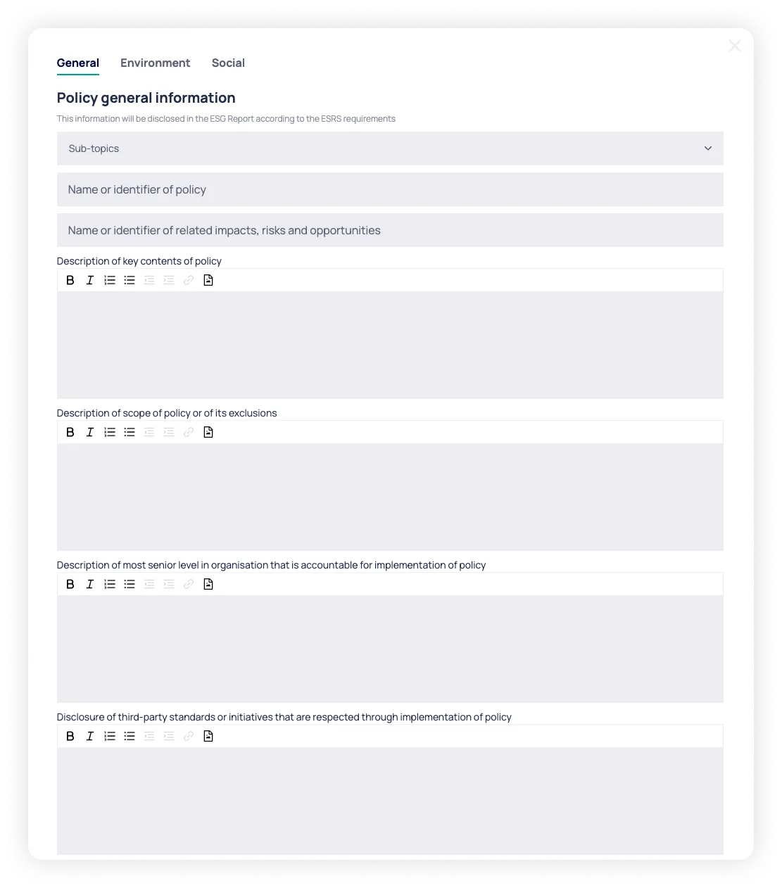 The policies register, with each policy linked to its reporting context