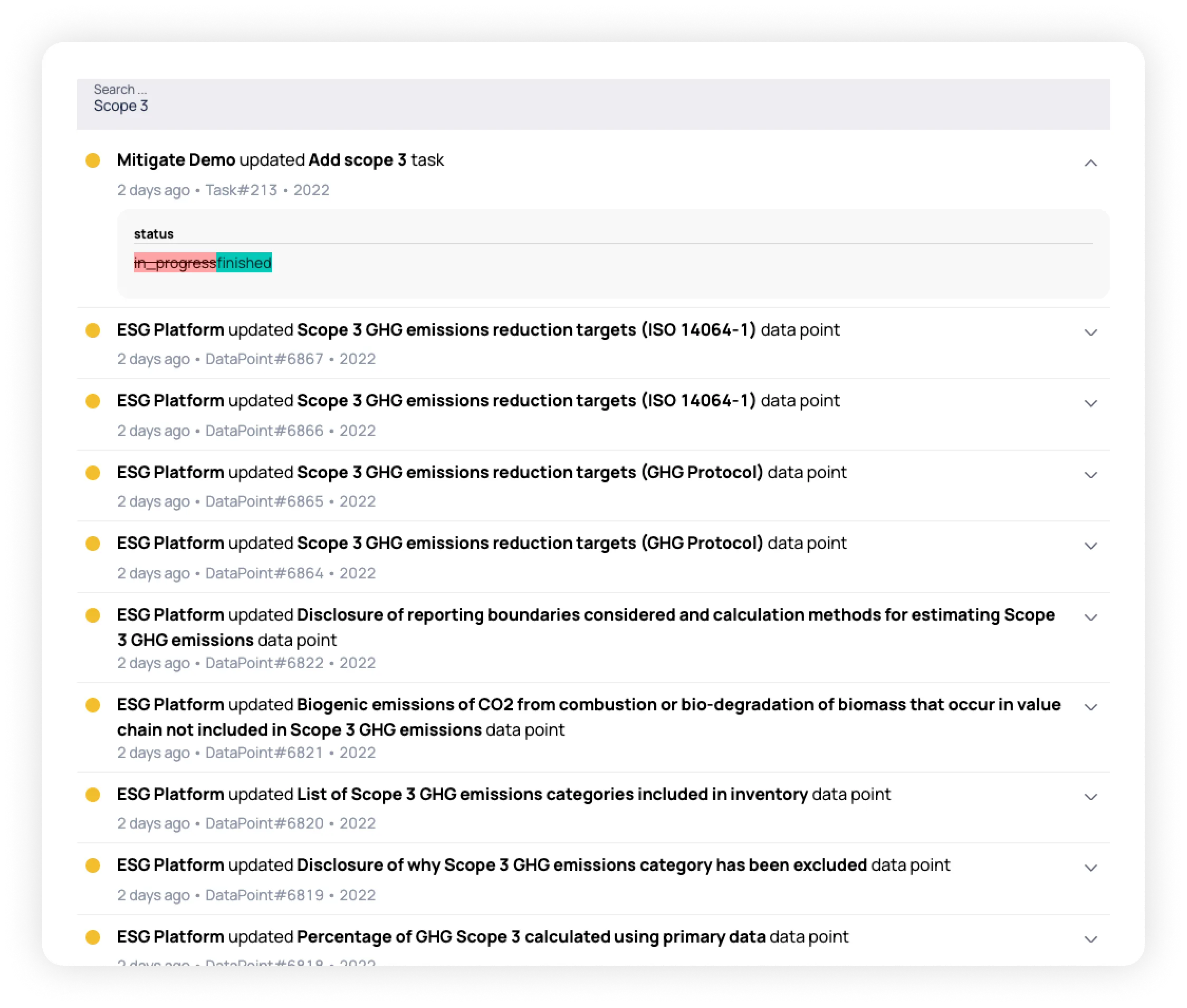 The change log filtered by the keyword Scope 3, showing a task status change from in progress to finished