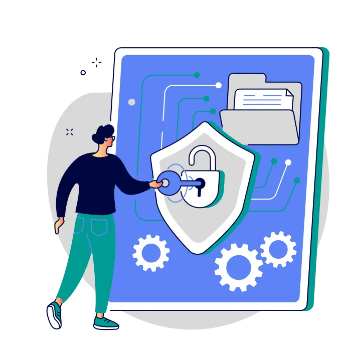 An illustration of a person holding a shield and key in front of an encrypted document store
