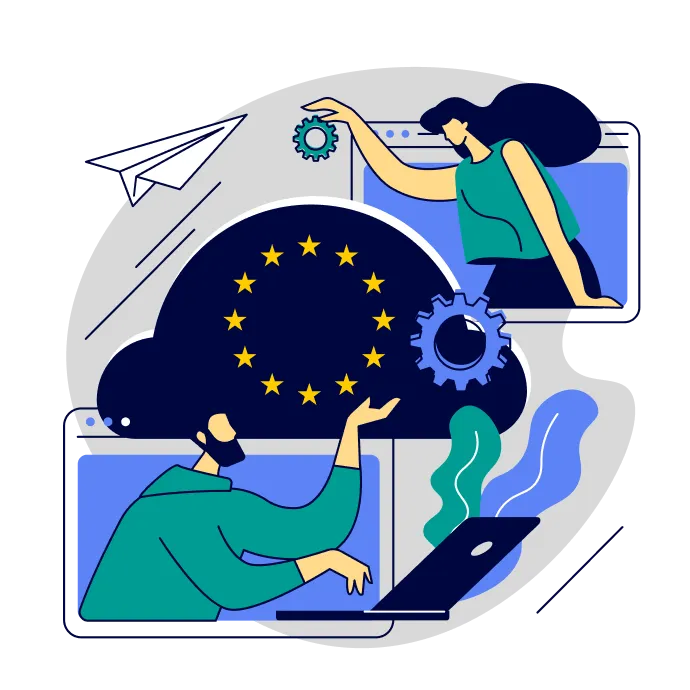 An illustration of a person reviewing an EU sustainability report on a tablet, beside a circle of EU stars