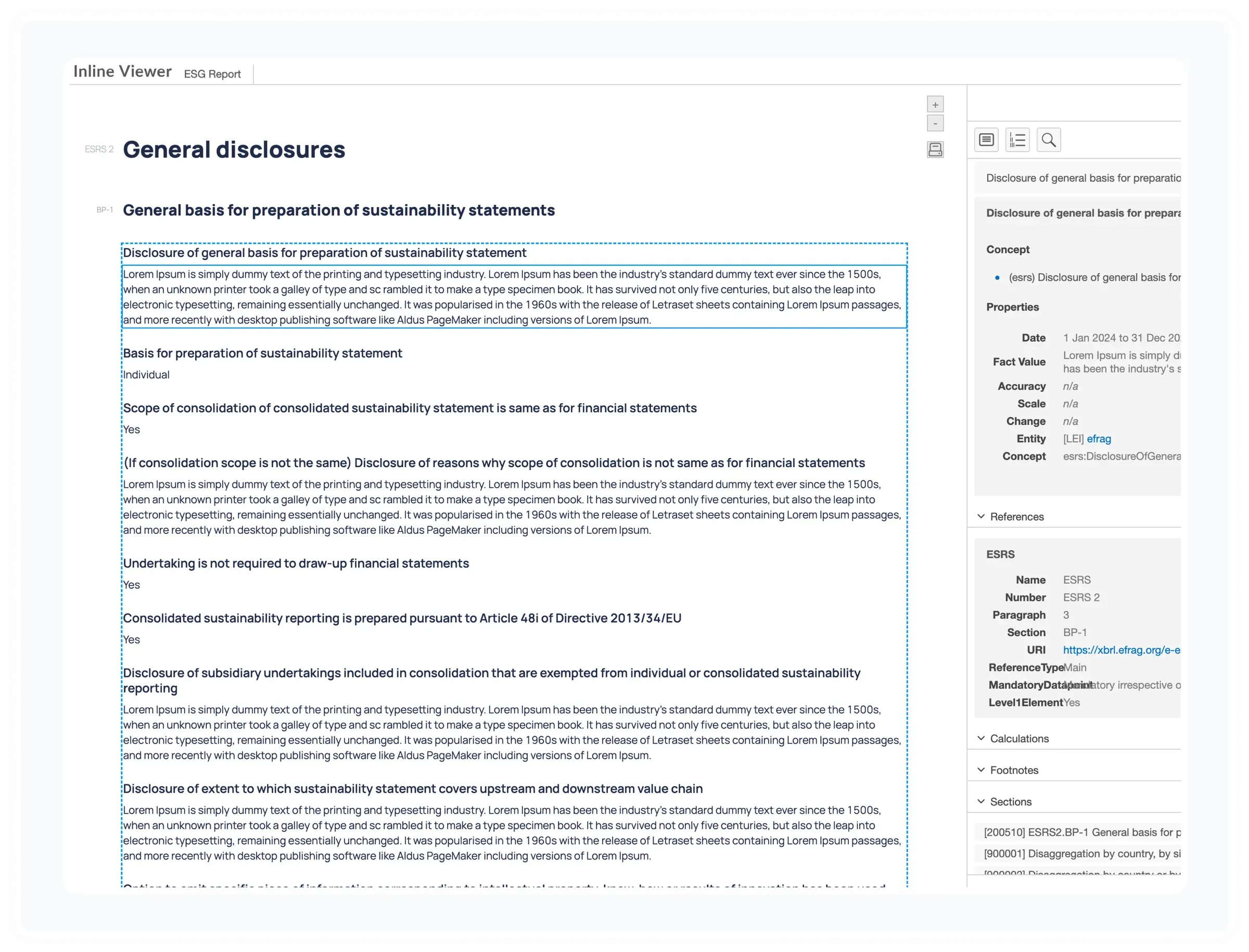 An ESRS sustainability statement exported to iXBRL in the Mitigate ESG platform