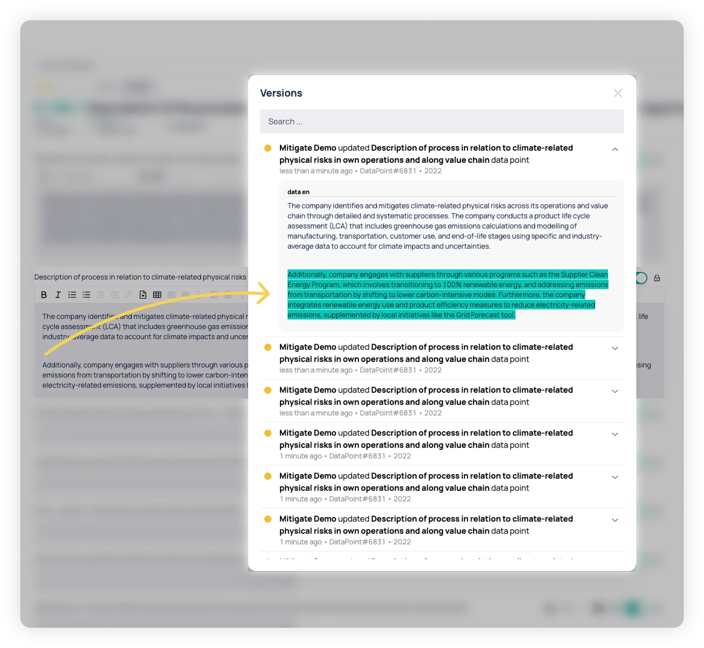 The Versions panel listing every update to a data point, with the changed text highlighted