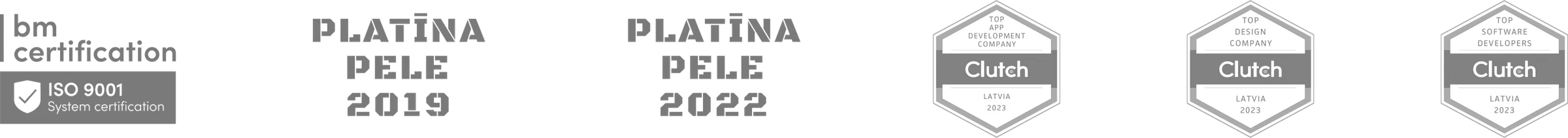 BM Certification ISO 9001 system certification, Platīna Pele 2019 and 2022 awards, and Clutch 2023 badges for top app development, design and software developer company in Latvia
